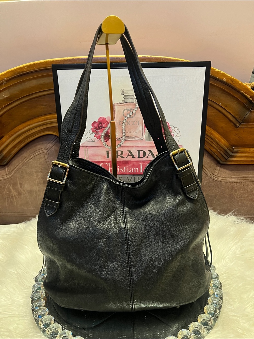 Aimee Kestenberg Black Leather Shoulder Bag with Gold Hardware